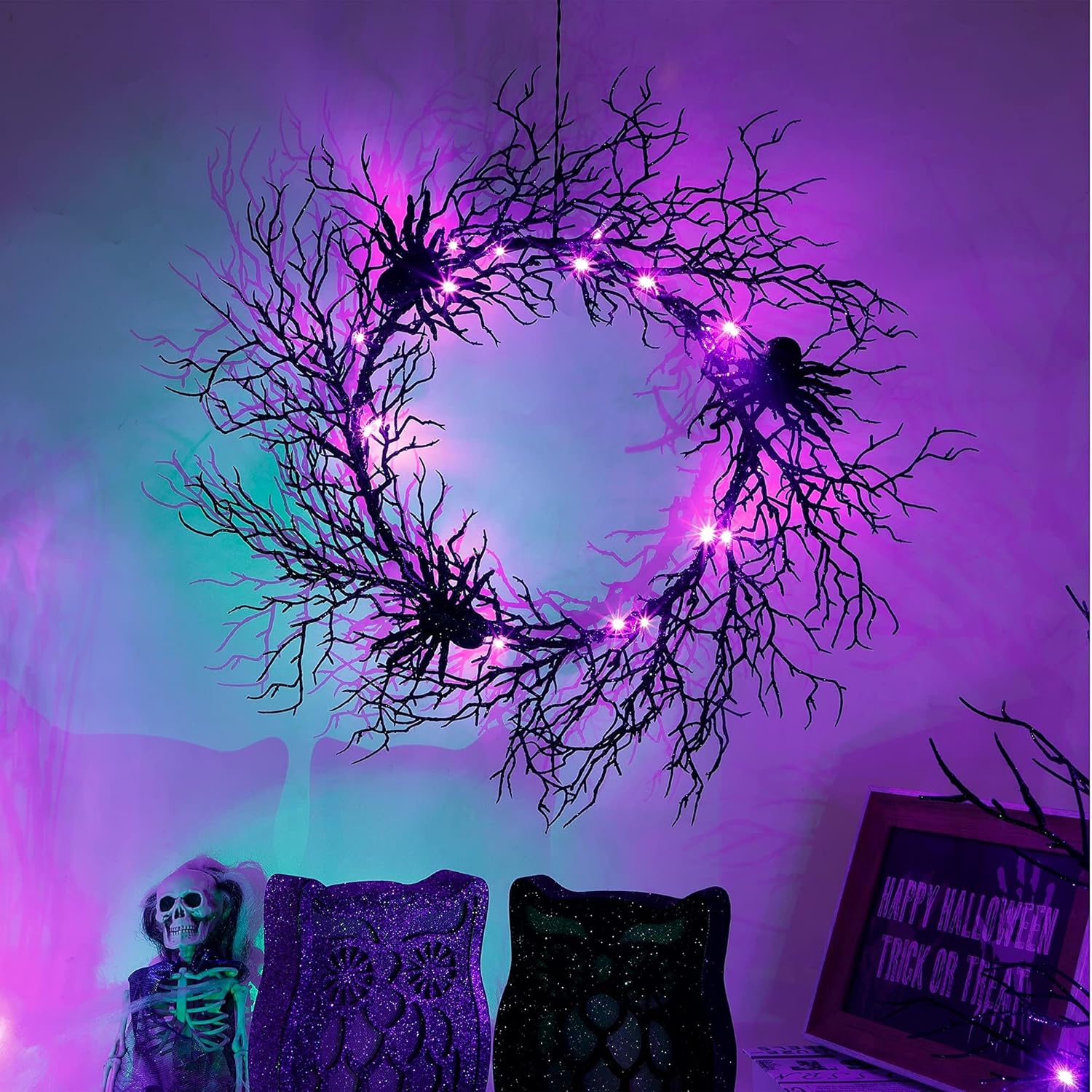 Black Spider with Purple Lights Halloween Wreath