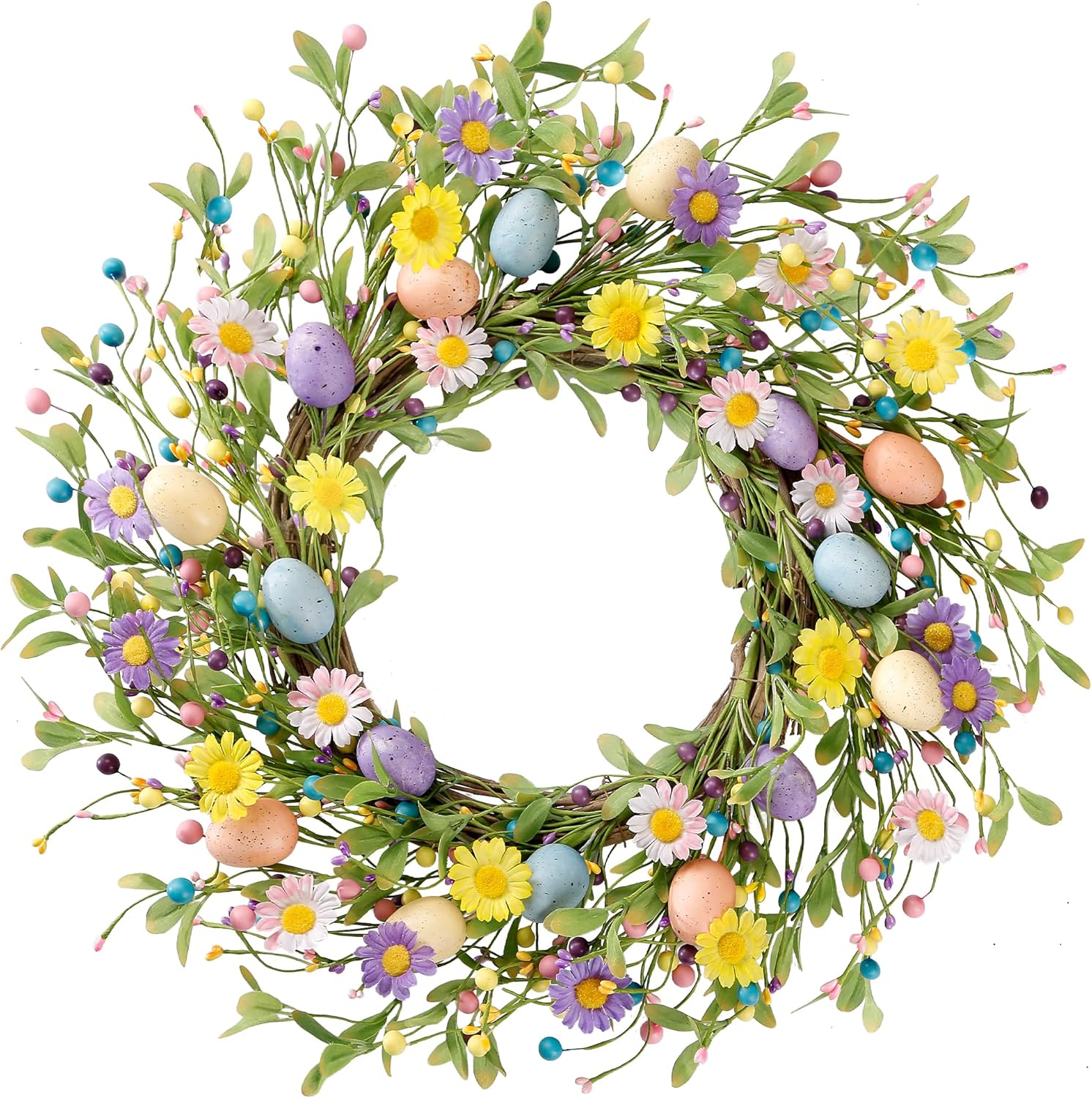 Colorful Eggs Daisies Berries Eucalyptus Leaves Easter Wreath