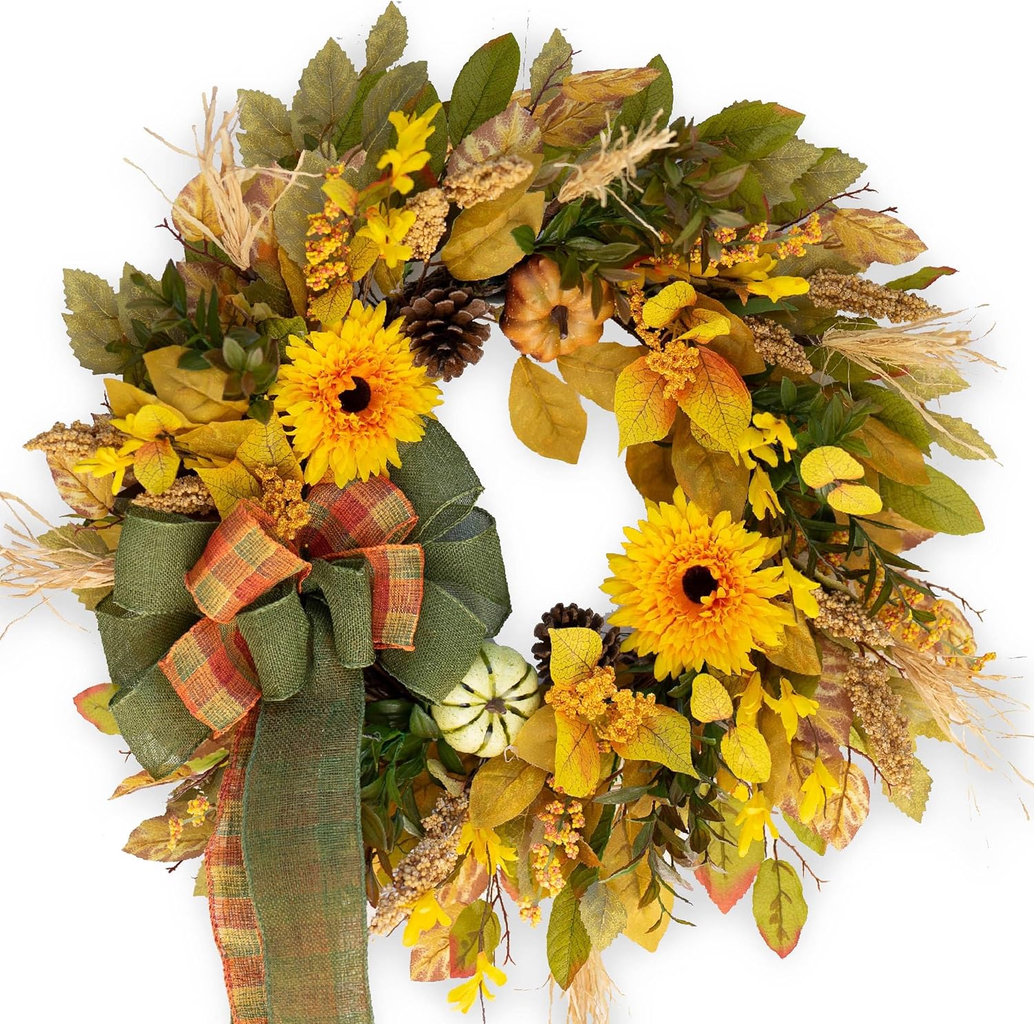 Sunflower Wreath with Pumpkins and Burlap Bows