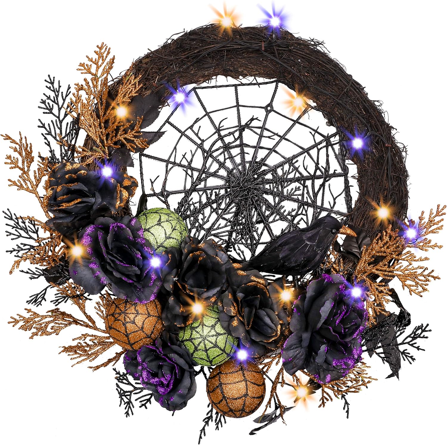 Valery Madelyn Spider Web with Lit Roses Halloween Wreath