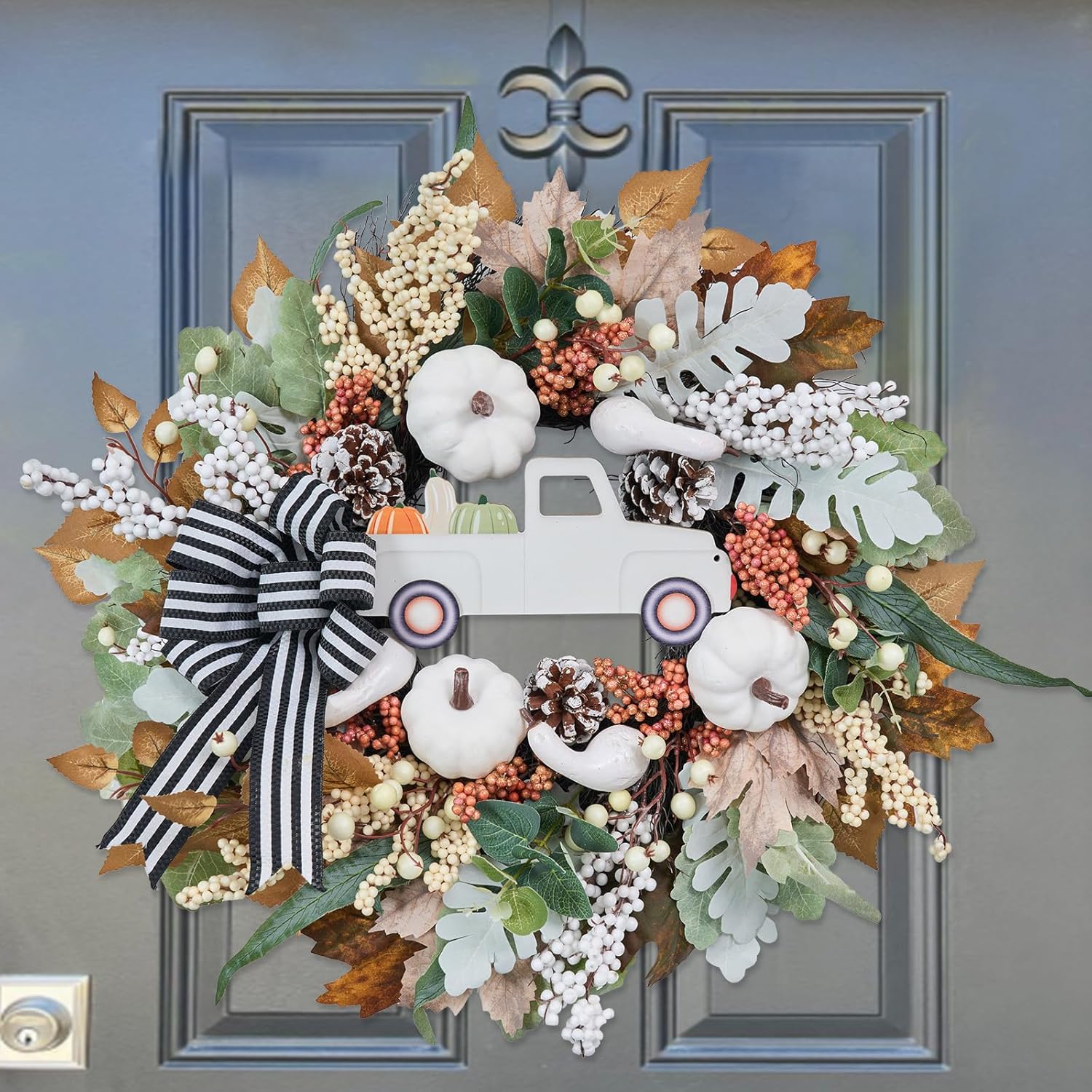 White Pumpkin Truck Fall Wreath